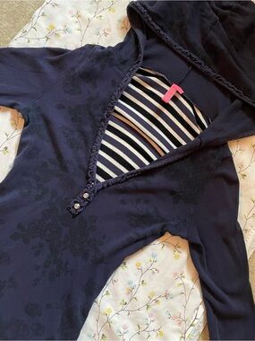 Navy blue floral shirt hoodie with ruffle trim and button detail